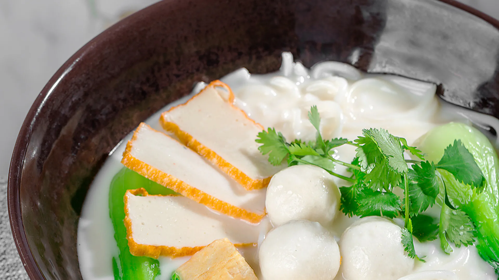 Fish ball rice noodle soup with tofu puffs, bok choy and cilantro at Smile House Cafe, a Hong Kong Style Fast Food Restaurant in San Francisco