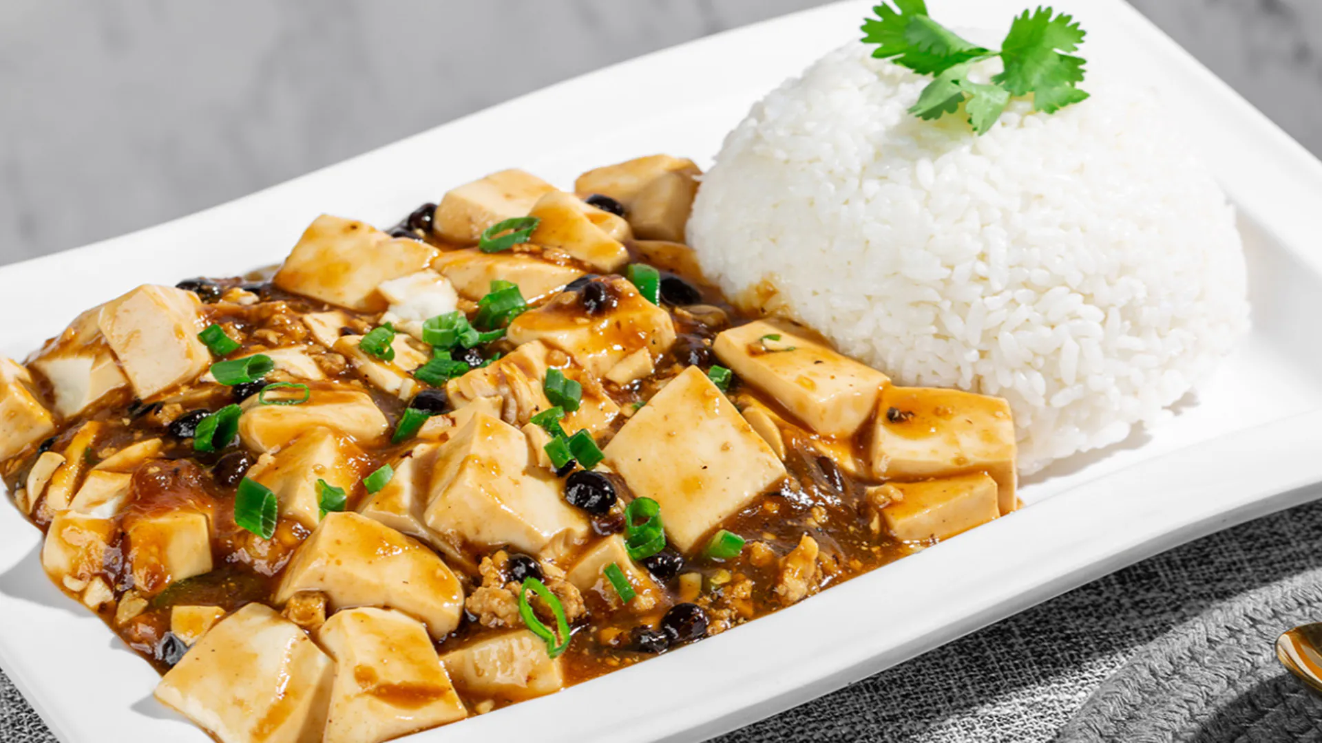 Sichuan mapo tofu served with steamed white rice at Smile House Cafe, a Hong Kong Style Fast Food Restaurant in San Francisco